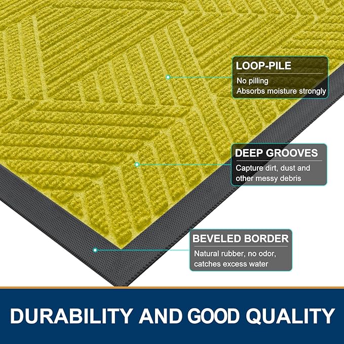 Smiry Front Door Mat Outside Entrance, Heavy Duty Sturdy Natural Rubber Doormat, Trap Dirt and Moisture, Easy Clean Low Profile Mats for Indoor Outdoor Entry, Irregular Triangle (29.5x17, MST-Yellow)