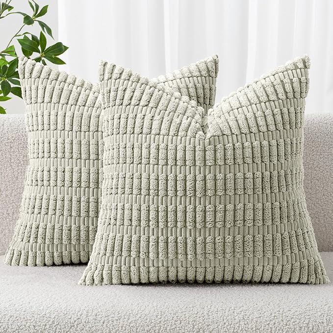 MIULEE Pack of 2 Spring Corduroy Decorative Throw Pillow Covers 16x16 Inch Soft Boho Striped Pillow Covers Modern Farmhouse Home Decor for Summer Sofa Living Room Couch Bed Light Green