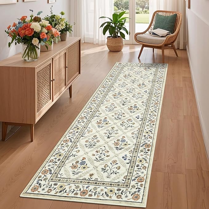 Washable Kitchen Runner 2x6 Non-Slip Floral Carpet Runner for Entryway Indoor Ultra Soft Stain Resistant Long Rugs Farmhouse Floor Mat for Hallways Laundry Bedroom Beige