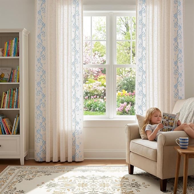 jinchan Evelyn Embroidered Linen Curtains 84 inch Long 2 Panels Blue Curtains for Living Room Bedroom Farmhouse Cottage Core Semi Sheer Light Filtering Floral Window Drapes Rod Pocket Back Tab