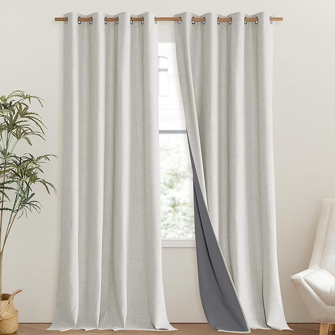NICETOWN Snowbound Vintage Linen 100% Blackout Curtains for Living Room, Thermal Insulated Curtains 102" Long, Noise Reducing Window Treatment Drapes for Hall Room, 52" Wide Per Panel, Set of 2