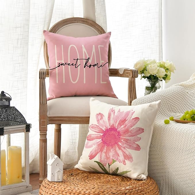 AVOIN colorlife Home Sweet Home Spring Summer Flowers Pink Throw Pillow Covers, 20 x 20 Inch Cushion Case for Sofa Couch Set of 4