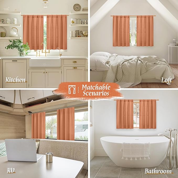 LAMIT Terracotta 48 Inch Linen Curtains for Cafe 2 Panels, Linen Textured Light Filtering Panels Rod Pocket Neutral Privacy Drapes for Small Window/Loft Room, 42 x 48 Inch