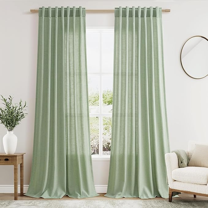 Nanspring Mist Sage Linen Curtains 108 Inches Long for Living Room Bedroom 2 Panels Set Extra Long Back Tab Curtain Light Filtering Sheer Drapes Floor to Ceiling Curtain for Large Windows 52x108