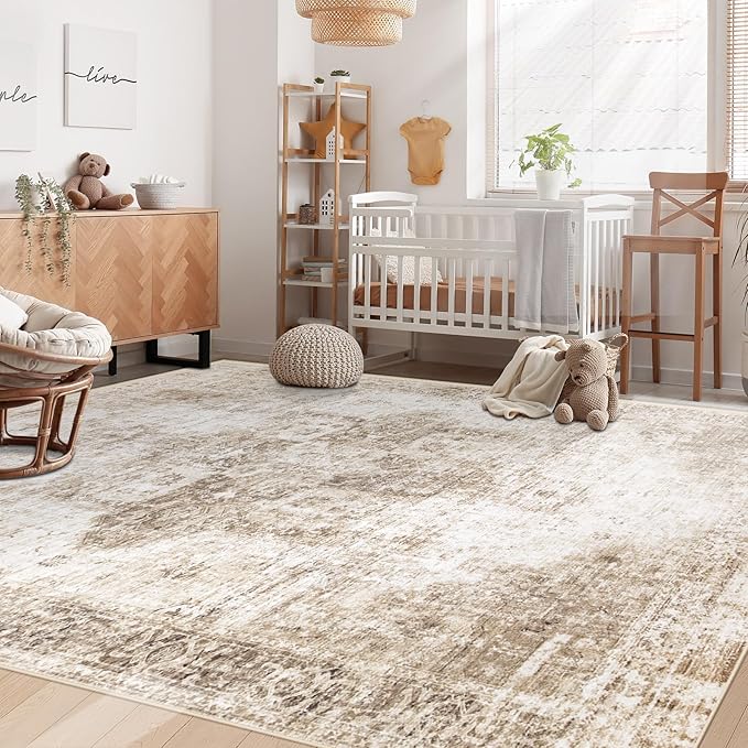 Area Rug 5x7 Washable Rug, Vintage Boho Medallion Rugs Non-Slip Soft Low Pile Large Distressed Rug Indoor Retro Carpet for Living Room Bedroom Dining Room Home Office (Brown, 5'x7')
