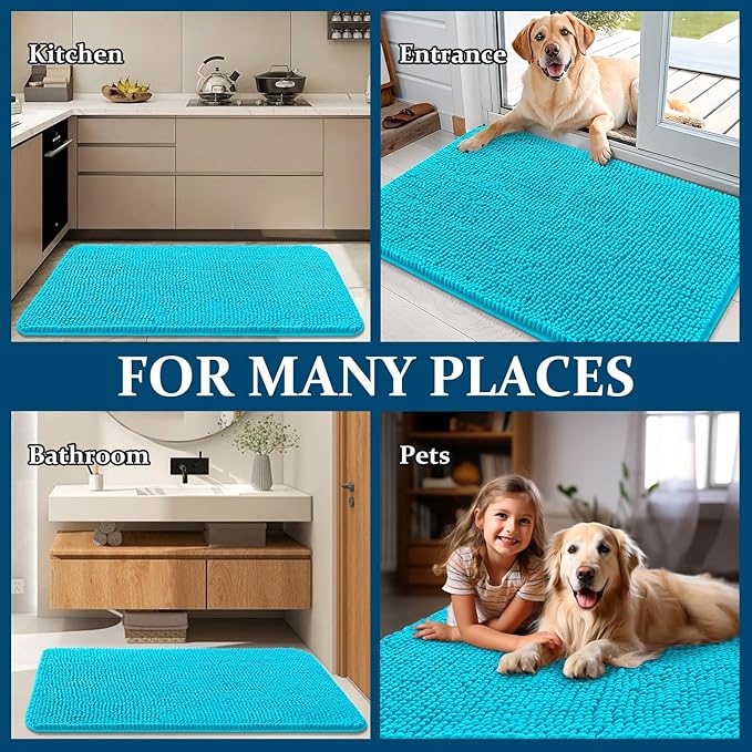 OLANLY Dog Door Mat for Muddy Paws 54x32, Absorbs Moisture and Dirt, Absorbent Non-Slip Washable Doormat, Quick Dry Chenille Mud Mat for Dogs, Entry Indoor Entryway Carpet for Inside Floor, Aqua Blue