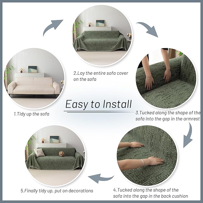 MYSKY HOME Couch Covers for 2 Cushion Couch Sofa, Chenille L Shape Sectional Couch Cover - Pet-Friendly, Machine Washable, Non-Slip Sofa Protector for Dogs, Kids, 71"x118", Moss Green