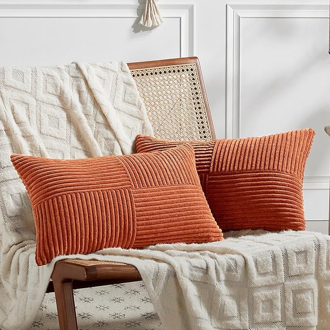 Fancy Homi Set of 2 Burnt Orange Lumbar Decorative Throw Pillow Covers 14x22 Inch for Living Room Couch Bed, Boho Farmhouse Fall Home Decor, Soft Corduroy Corss Patchwork Cushion Case 35x55 cm