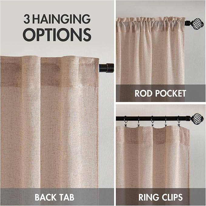 MIULEE Natural Beige Linen Curtains 108 Inches Long 2 Panels for Bedroom Living Room, Soft Linen Textured Window Drapes Semi Sheer Light Filtering Back Tab Rod Pocket Farmhouse Burlap Look Decor