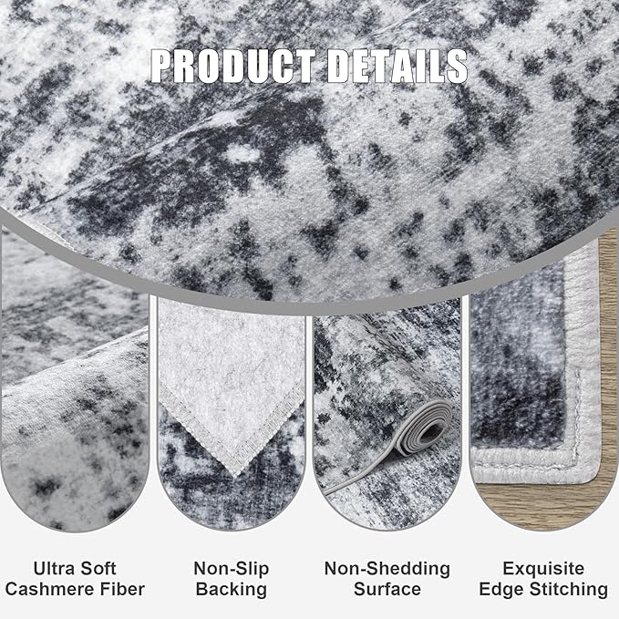 9x12 Area Rug Living Room Rug: Washable Modern Abstract Soft Thin Rug Indoor Floor No Slip Stain Resistant Carpet for Bedroom Dining Room Farmhouse Nursery Home Office - Dark Black