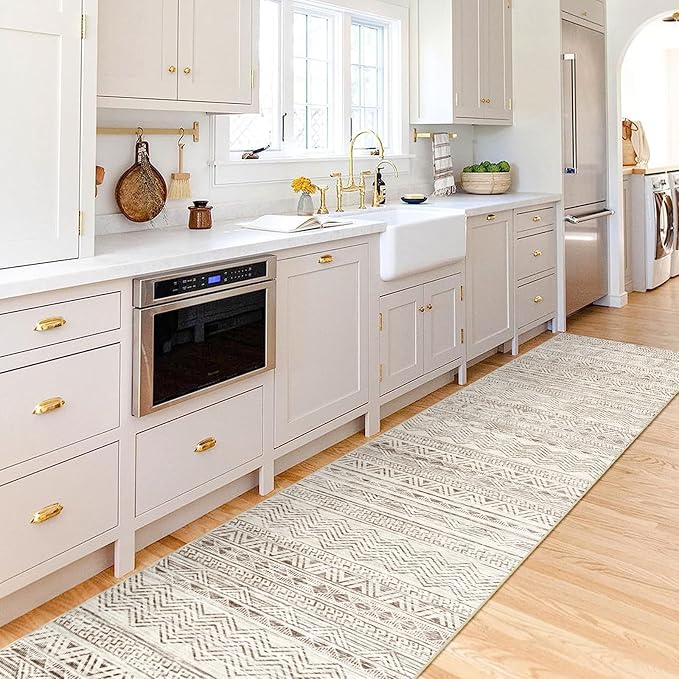 Moroccan Washable Hallway Runner Rug - 2'6"x12' Non Slip Floor Mat for Kitchen Low Pile Living Room Carpet with Rubber Backing Bedroom Rugs for Entryway 2'6"x12' Beige