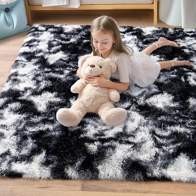 Pionblank 8x10 Rug for Living Room, Fuzzy Plush Large Area Rug, Fluffy Modern Shag Non Slip Soft Furry Carpet for Bedroom Kids Room Nursery Teens Dorm Home Decor, Black White