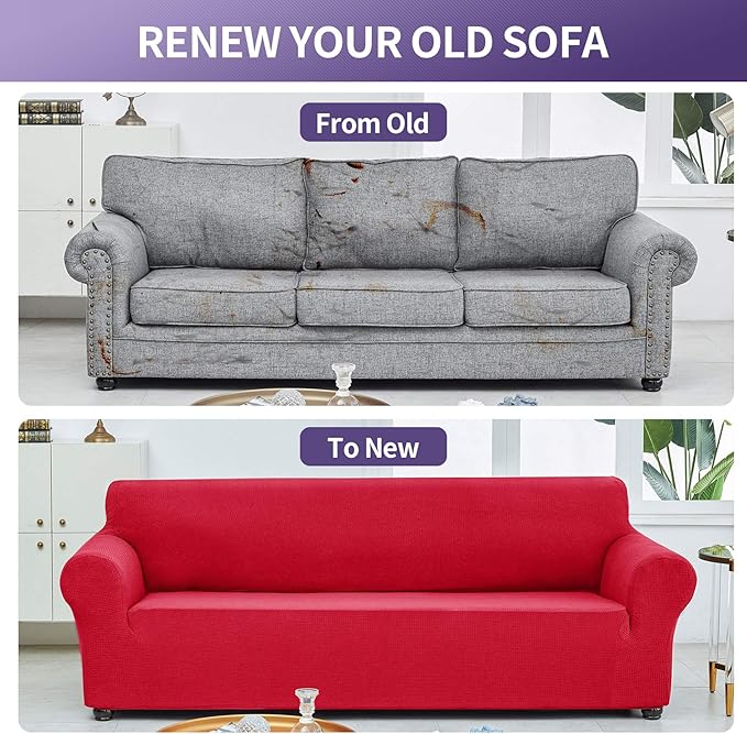 Joccun Christmas Stretch Couch Cover Slipcovers, 1-Piece Sofa Covers for 3 Cushion Couch Spandex Jacquard Washable Furniture Protector Cover for Living Room,Kids,Pets(Sofa,Ruby)
