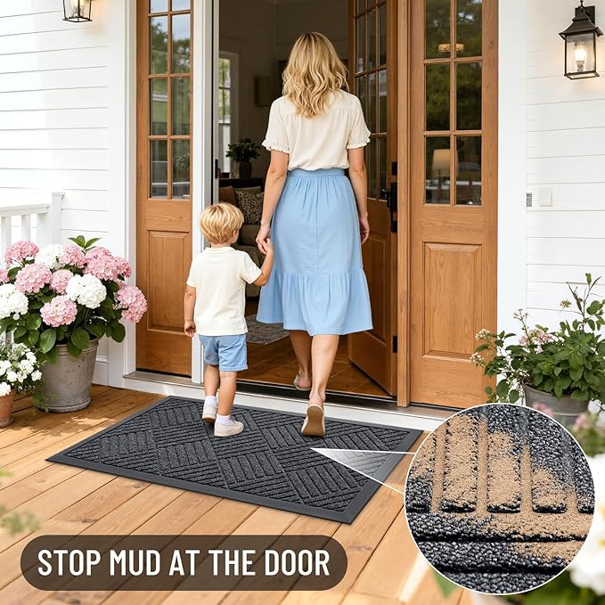OLANLY Front Door Mat Outside Entrance 33x21, Absorbent, Heavy Duty Sturdy Natural Rubber Doormat Indoor Outdoor, Stain Fade Resistant, Non-Slip Low Profile Floor Mat for Entryway, Black Gray Diamond