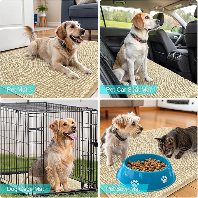 OLANLY Dog Door Mat for Muddy Paws 30x17, Absorbs Moisture and Dirt, Absorbent Non-Slip Washable Doormat, Quick Dry Chenille Mud Mat for Dogs, Entry Indoor Entryway Carpet for Inside Floor, Sand