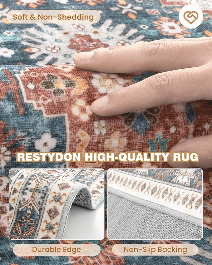Entryway Rug - 2x3 Washable Rug Runner for Bathroom, Laundry Room, Kitchen, Soft Vintage Hallway Runner for Bedroom, Non-Slip Door Mat Indoor Entrance(Blue/Red,2'x3')