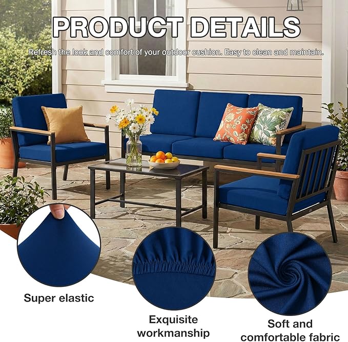 hyha 8Pcs Patio Cushion Covers, Stretch Outdoor Couch Cushion Covers Replacement, Washable Outdoor Chair/Sofa Slipcovers for Patio Furniture Cushions Protector with Elastic Bottom(Navy,Cover Only)