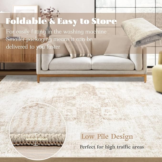 Runner Rug 2x6 Washable Rug, Vintage Boho Medallion Hallway Runner Non-Slip Soft Low Pile Distressed Floor Carpet Retro Doormat for Kitchen Bedroom Laundry Entryway Bathroom (Beige, 2'x6')
