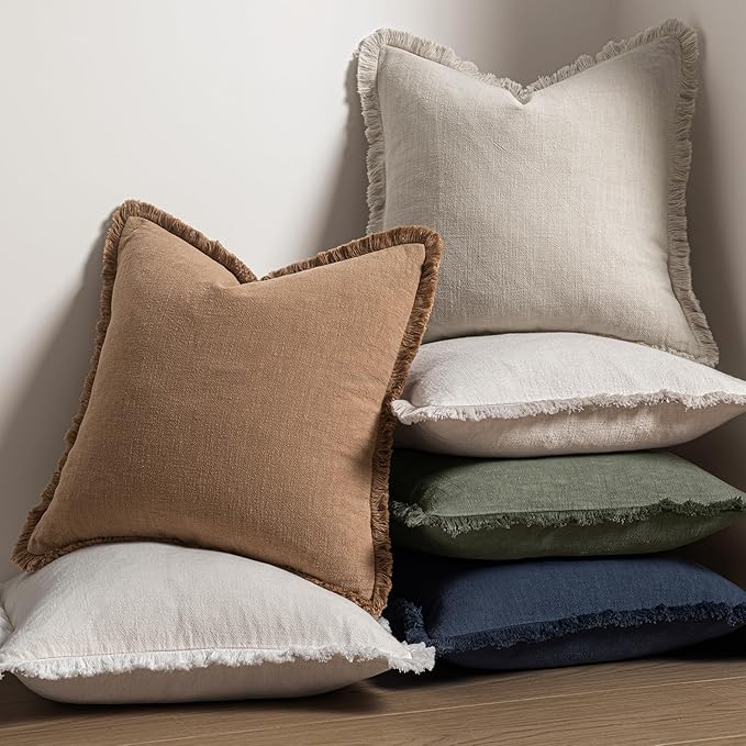 MIULEE Decorative Throw Pillow Covers Neutral Linen Fringe Throw Pillows Euro Shams Set of 2 Natural Beige Boho Farmhouse Cushion Covers for Couch Sofa Bed Living Room Spring Home Decor 24x24 Inch