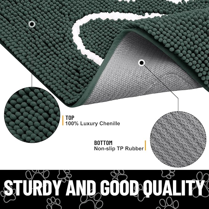 Smiry Dog Door Mat for Muddy Paws, Absorbent Dirt Trapper Non Slip Quick Dry Washable Chenille Mat for Mud Dogs, Entry Rug for Indoor and Outdoor (47x24 Inches, Green and White)