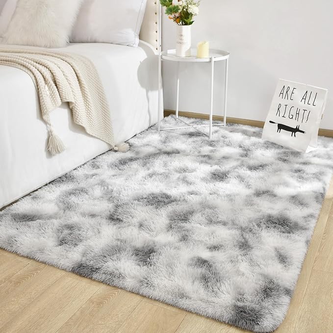 TWINNIS Super Soft Shaggy Rugs Fluffy Carpets 6x9 Feet, Indoor Modern Plush Area Rugs for Living Room Bedroom Kids Room Nursery Home Decor, Upgrade Anti-Skid Fuzzy Rug, Grey and White