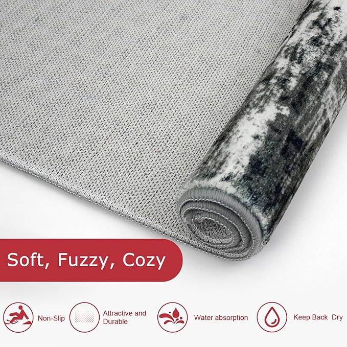 KOZYFLY Kitchen Runner Rug for Hallway Non-Slip Modern Abstract Runner Rug 2x5 Black Grey, Washable Carpet Runner Laundry Room Mat with Soft Low Pile for Entryway Bathroom Bedroom Kitchen