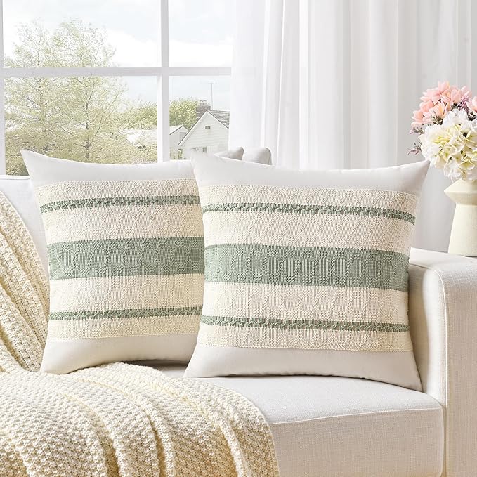 Fancy Homi Set of 1 Sage Green Boho Big Decorative Throw Pillow Covers 24x24 Inch for Living Room Bedroom Couch Bed, Rustic Retro Cushion Case, Bohemian Room Home Decor