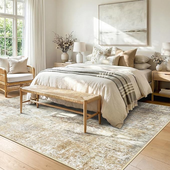 Washable Area Rugs 5'x7' Non-Slip Modern Abstract Soft for Living Room Entryway Bedroom Nursery, Print Pattern, Neutral Brown Gray