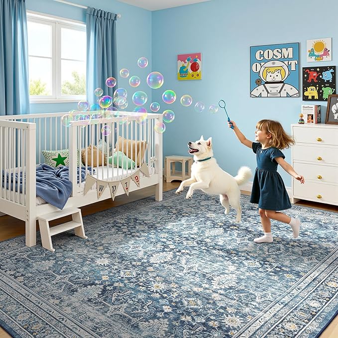 Lofus 10x14 Area Rug for Living Room,Blue Washable Area Rugs with Non-Slip Backing,Soft Boho Carpets for Bedroom Dining Room Home Office Indoor Nursery