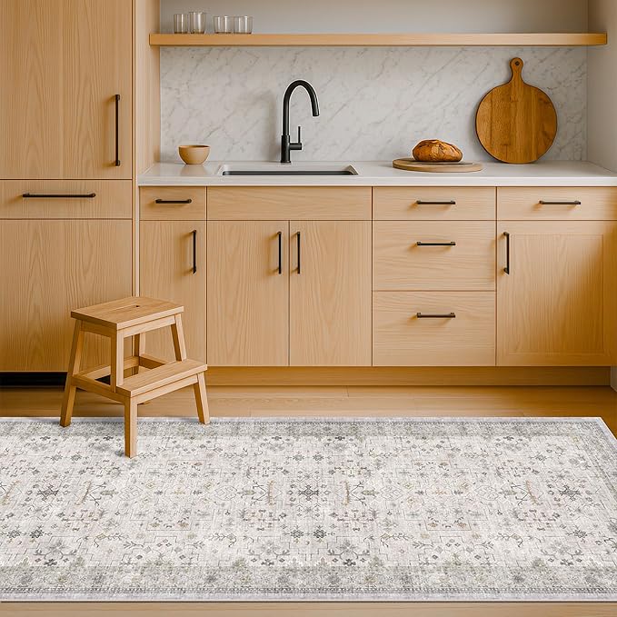 Light Grey 2x7 Boho Bathroom Runner Rug - Modern Vintage Eclectic Floral Pastel Neutral Taupe, Washable Low Pile Non-Slip Runner Rugs for Hallway, Kitchen, Door Mat Indoor Entrance, Bedroom Beside Bed
