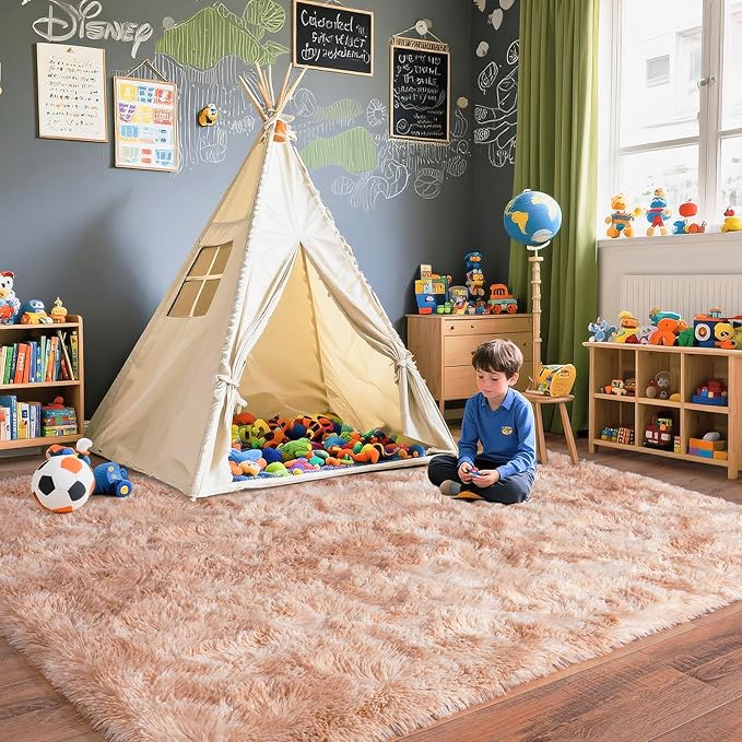 Pionblank 8x10 Rug for Living Room, Fuzzy Plush Large Area Rug, Fluffy Modern Shag Non Slip Soft Furry Carpet for Bedroom Kids Room Nursery Teens Dorm Home Decor, Tie-Dyed Beige