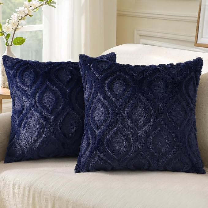 decorUhome Summer Throw Pillow Covers 26x26 Inch Set of 2, Soft Plush Faux Wool Navy Blue Solid Couch Pillow Covers, Accent Euro Sham Farmhouse Neutral Square Pillow Cases for Sofa Bed Living Room