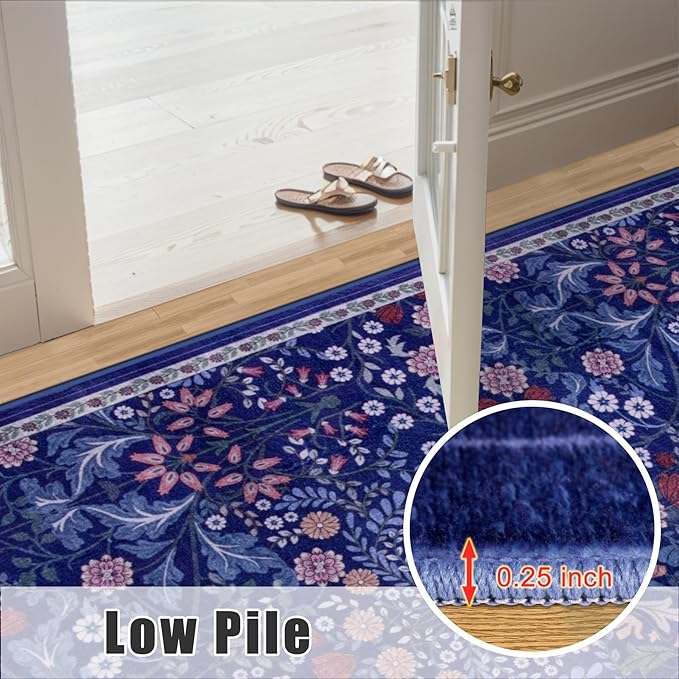 Runner Rug for Entryway: 2x6 Kitchen Rugs Non Slip Washable Ultra-Thin Soft Floral Carpet Indoor Floor Stain Resistant Carpets for Hallway Bedroom Kitchen Laundry Bathroom Dorm Blue