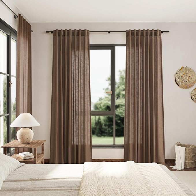 Nanspring Caramel Brown Curtains 80 Inches Long 2 Panels Set for Bedroom Back Tab Rod Pocket Semi Sheer Light Filtering Privacy Drapes Linen Blend Textured Farmhouse Living Room Curtain 52X80