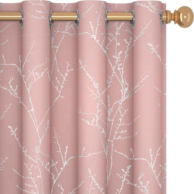 Deconovo Pink Curtains, Blackout Drapes, Thermal Insulated Soundproof Privacy Curtain, Silver Tree Print, 52 x 84 Inch, Machine Washable Window Panels for Girls Bedroom Living Room Nursery, Set of 2