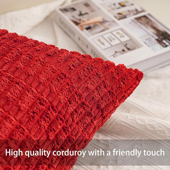 Pack of 2 Christmas Red Corduroy Decorative Throw Pillow Covers 20x20 Inch Soft Striped Pillow Covers Modern Farmhouse Home Decor for Sofa Living Room Couch Bed（Red）