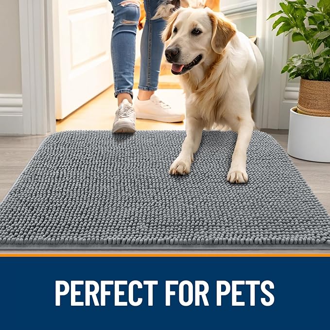 OLANLY Dog Door Mat for Muddy Paws 70x46, Absorbs Moisture and Dirt, Absorbent Non-Slip Washable Doormat, Quick Dry Chenille Mud Mat for Dogs, Entry Indoor Entryway Carpet for Inside Floor, Grey