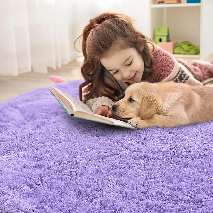 OLANLY Light Purple Round Rugs for Bedroom - Machine Washable, 5 ft Circle Area Rugs for Living Room, Soft and Fluffy Shaggy Carpet for Teen Girls and Boys, Nursery Rooms, Dorms, Home Decor Aesthetic