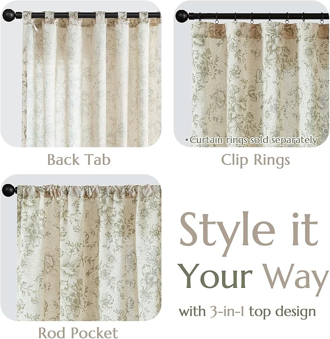 jinchan Linen Blend Floral Curtains for Living Room 90 Inch Length Farmhouse Printed Curtain Rod Pocket Back Tab Sage Green Peony Flower Patterned Drapes Bedroom Curtains Set 2 Panels