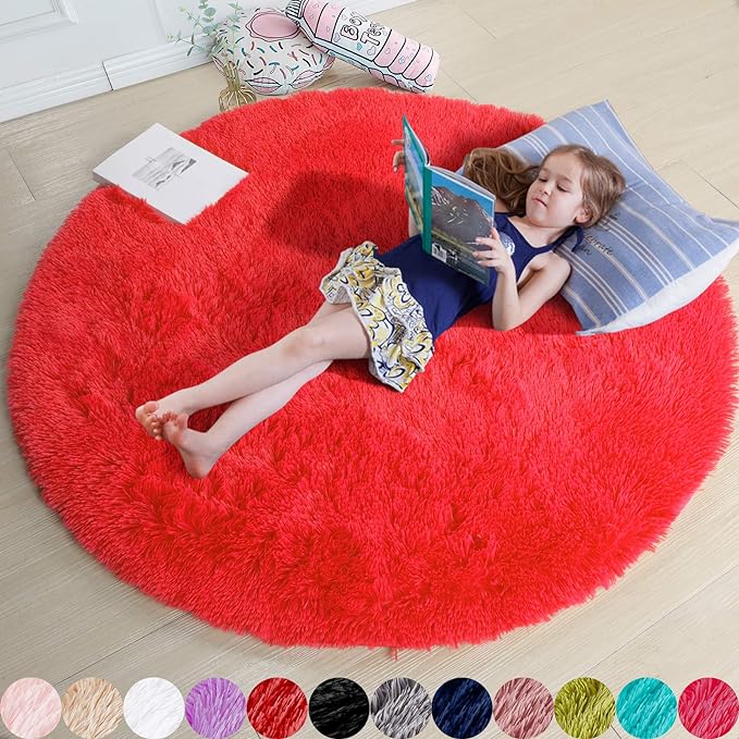 Red Round Rug 4Ft for Bedroom, Fluffy Shag Circle Area Rugs for Kids Room Decor Aesthetic, Fuzzy Plush Fur Carpets for Living Room Nursery Dorm Classroom, Red Carpet, Christmas Rugs for Teen Boys