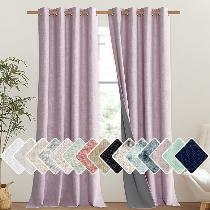 NICETOWN Pink Vintage Linen 100% Blackout Curtains for Living Room, Thermal Insulated Curtains 108" Long, Noise Reducing Window Treatment Drapes for Hall Room, 52" Wide Per Panel, Set of 2