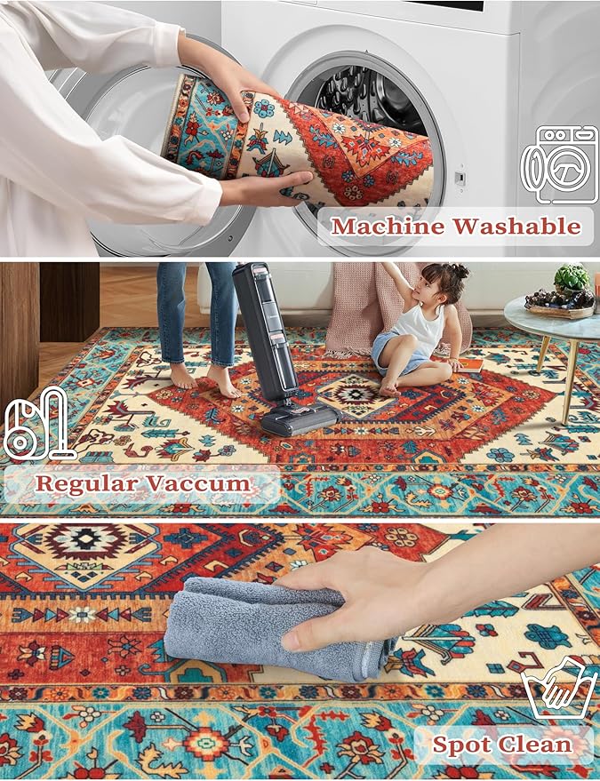 SERISSA Runner Rug for Hallways, 2'6"x14' Washable Non Slip Kitchen Runner Rug, Extra Long Boho Rug Ultra Soft Vintage Orange Print Floor Carpet for Bedroom Hallway Entryway Bathroom Laundry Room
