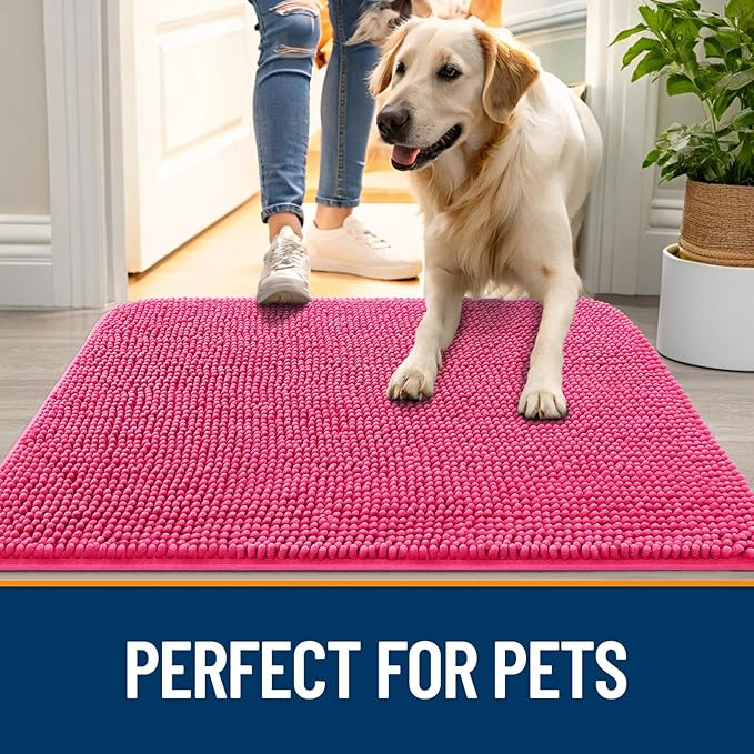 OLANLY Dog Door Mat for Muddy Paws 32x20, Absorbs Moisture and Dirt, Absorbent Non-Slip Washable Doormat, Quick Dry Chenille Mud Mat for Dogs, Entry Indoor Entryway Carpet for Inside Floor, Hot Pink