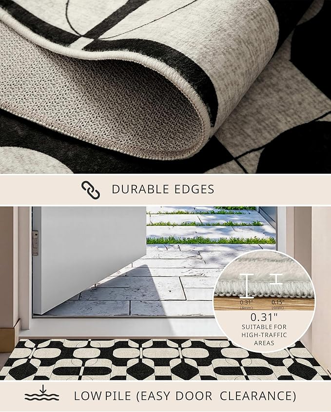 Latte&Fog 6x9 Area Rugs for Living Room Bedroom, Black Vintage Washable Rug, Boho Non Slip Low Pile Carpet for Indoor Dining Room, Dorm, Classroom,College Dorm,Farmhouse and Home Office - Black Beige