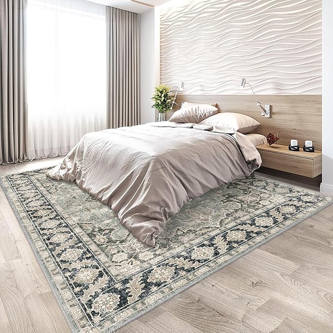 7X9 Area Rugs - 7X9 Washable Area Rug Indoor Vintage Rug Print Rug Low-Pile Floor Carpet for Living Room, Bedroom (Olive Charcoal/Yellow/Tan)