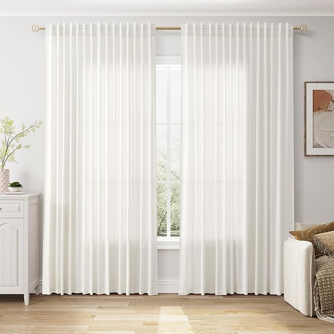 Nanspring Extra Wide Linen Curtains for Living Room Bedroom 84 Inches Long Light Filtering Sheer Curtain for Sliding Door Beige White Farmhouse Decor Drapes Back Tab and Rod Pocket 100x84, 2 Panels