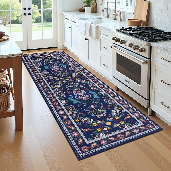 HEBE Washable Hallway Runner Rug 2'x 8' Non Slip Kitchen Rugs Runner,Low Pile Entryway Rug Laundry Room Mat Floral Carpet Runners for Hallways, Kitchen,Bathroom,Laundry,Bedside Rug