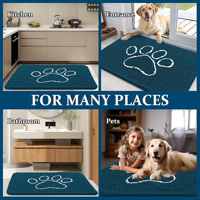OLANLY Dog Door Mat for Muddy Paws 35x24, Paw Print Design, Absorbs Moisture and Dirt, Absorbent Non-Slip Washable Doormat, Quick Dry Chenille Mud Mat, Entry Indoor Entryway Carpet, Atlantic Blue