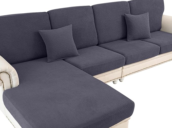 Couch Cushion Covers for Sectional Sofa L Shape Washable Separate Seat Chaise Couch Cover Stretch Sofa Slipcovers with 2 Pcs Pillowcases(3 Seater + 1 Chaise, Dark Grey)