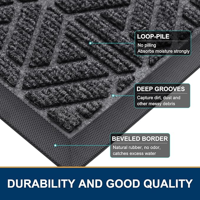 Smiry Front Door Mat Outside Entrance, Heavy Duty Sturdy Natural Rubber Doormat, Trap Dirt and Moisture, Easy Clean Low Profile Mats for Indoor Outdoor Entry, Grid Geometric (59x23, Grey)